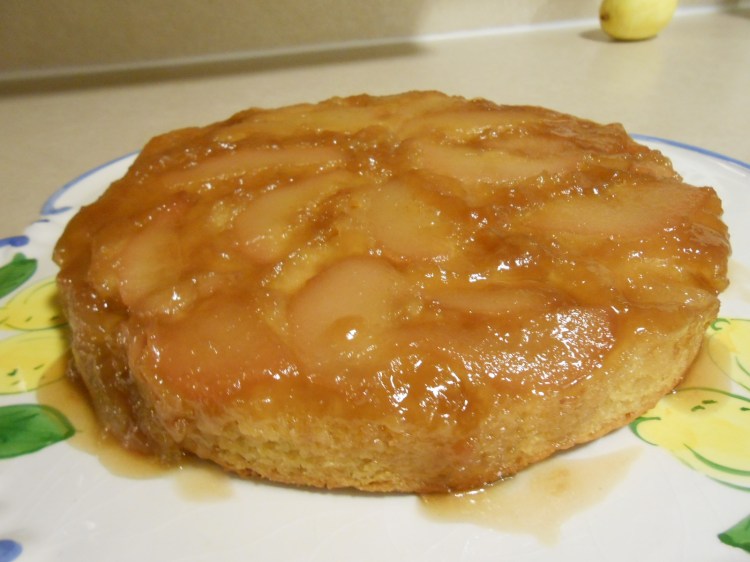 ROYAL RIVIERA PEAR UPSIDE DOWN CAKE OUT OF PAN ON PLATTER