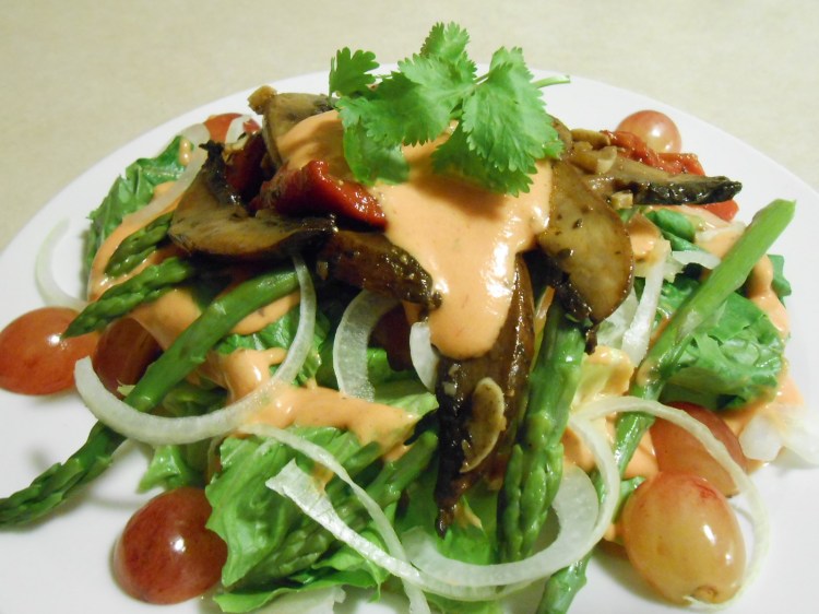 SWEET CREME FRAICHE SALAD DRESSING OVER MUSHROOM ASPARAGUS SALAD